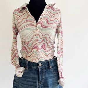 Just Polly Marbled Button Front Rib Long Sleeve Top